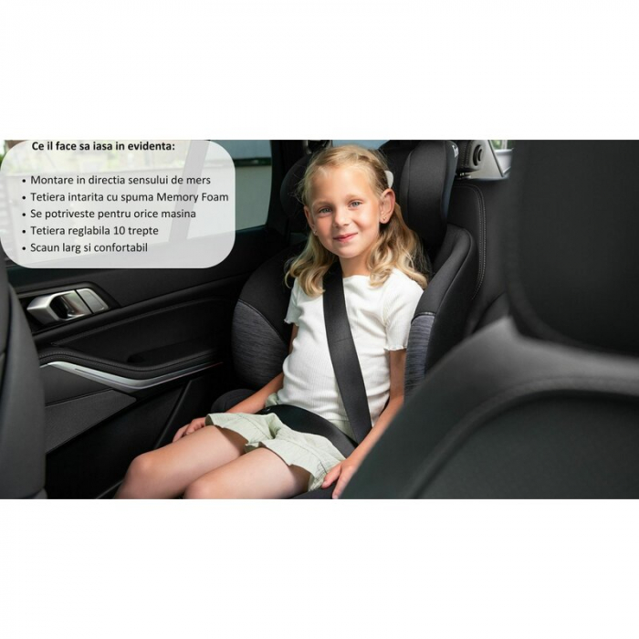 Scaun auto, Lionelo, Lars i-Size, Cu tetiera reglabila in 10 pozitii, Cu pozitionare spre sensul de mers, 15-36 Kg, 100-150 cm, Conform cu standardul european de securitate ECE R129/03, Negru/Gri [22]