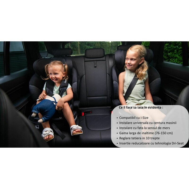 Scaun auto, Lionelo, Levi i-Size, Universal, Instalare FWF, Cu tetiera reglabila in 10 pozitii, Cu spatar detasabil, 76-150 cm, Conform cu R129, Negru [29]