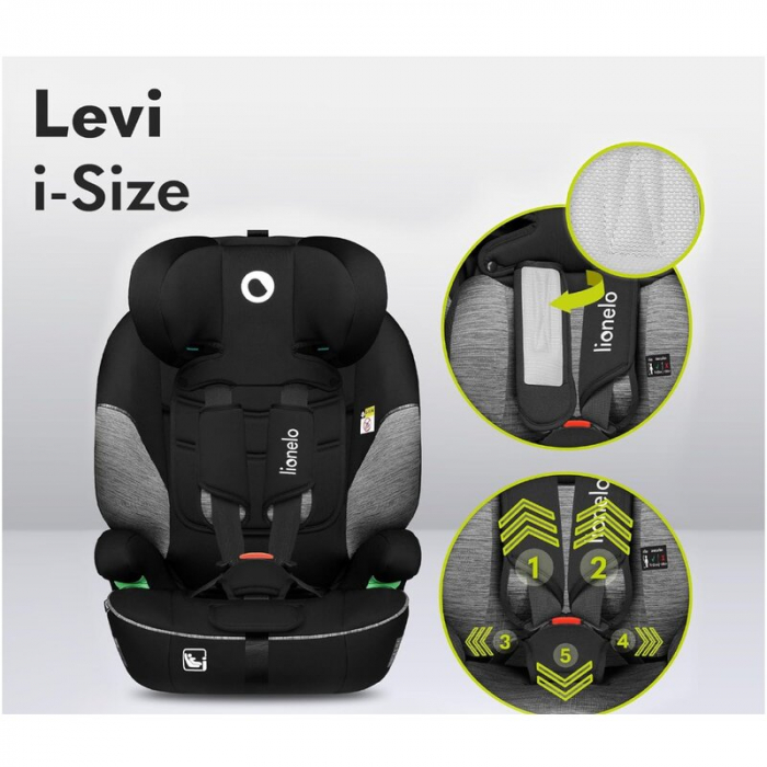 Scaun auto, Lionelo, Levi One i-Size, Universal, Instalare FWF, Cu tetiera reglabila in 10 pozitii, Cu spatar detasabil, 76-150 cm, Conform cu R129, Gri [18]