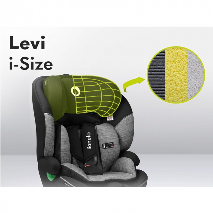 Scaun auto, Lionelo, Levi One i-Size, Universal, Instalare FWF, Cu tetiera reglabila in 10 pozitii, Cu spatar detasabil, 76-150 cm, Conform cu R129, Gri [14]