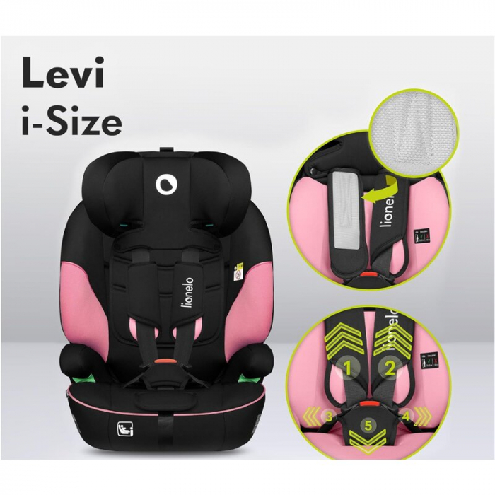Scaun auto, Lionelo, Levi One i-Size, Universal, Instalare FWF, Cu tetiera reglabila in 10 pozitii, Cu spatar detasabil, 76-150 cm, Conform cu R129, Roz [15]