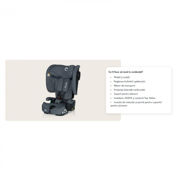 Scaun auto pliabil, Lionelo, Nelly, i-Size, 76- 150 cm, Tetiera reglabila in 15 pozitii, Spatar reglabil in 4 pozitii, Sisteme de fixare Isofix si Top Tether, Sezut lat si confortabil, Conform cu ECE  [43]