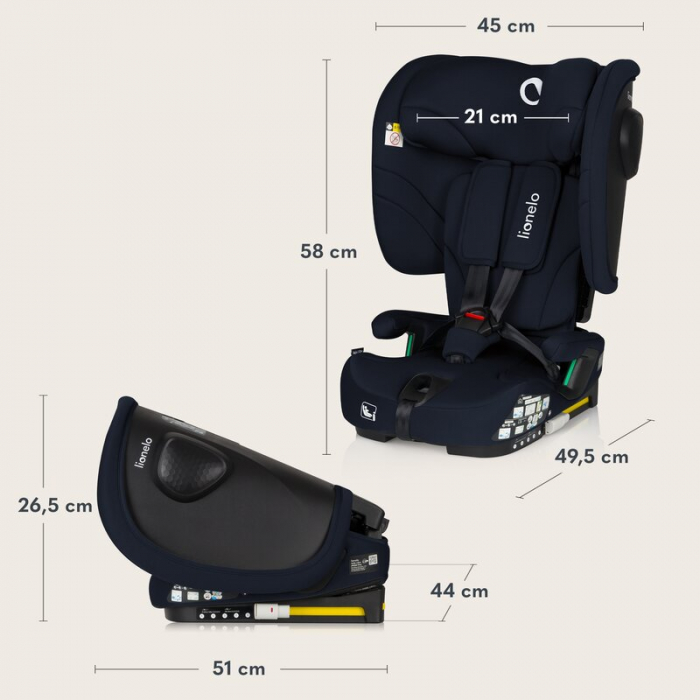 Scaun auto pliabil, Lionelo, Nelly, i-Size, 76- 150 cm, Tetiera reglabila in 15 pozitii, Spatar reglabil in 4 pozitii, Sisteme de fixare Isofix si Top Tether, Sezut lat si confortabil, Conform cu ECE  [32]