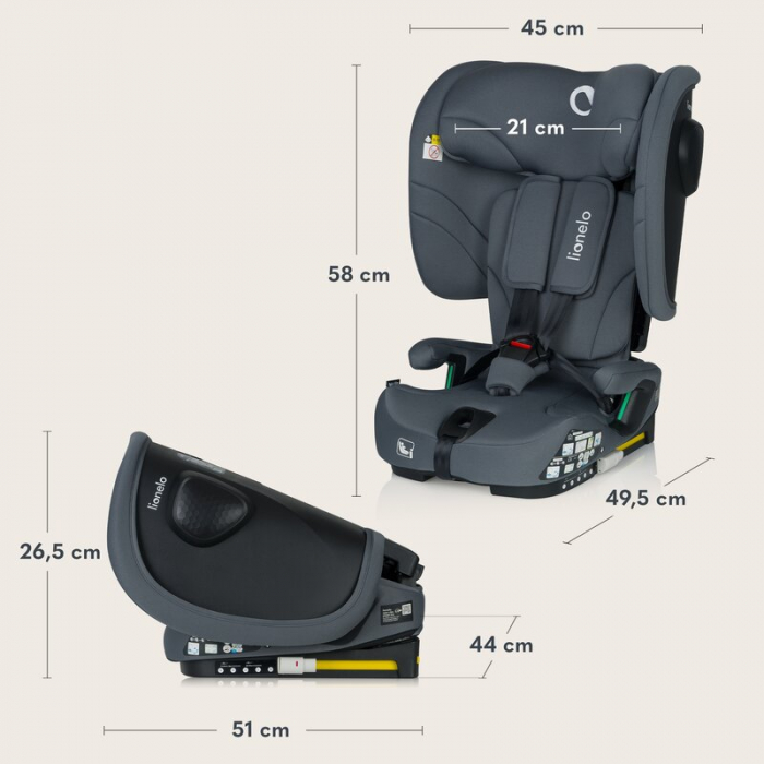 Scaun auto pliabil, Lionelo, Nelly, i-Size, 76- 150 cm, Tetiera reglabila in 15 pozitii, Spatar reglabil in 4 pozitii, Sisteme de fixare Isofix si Top Tether, Sezut lat si confortabil, Conform cu ECE  [32]
