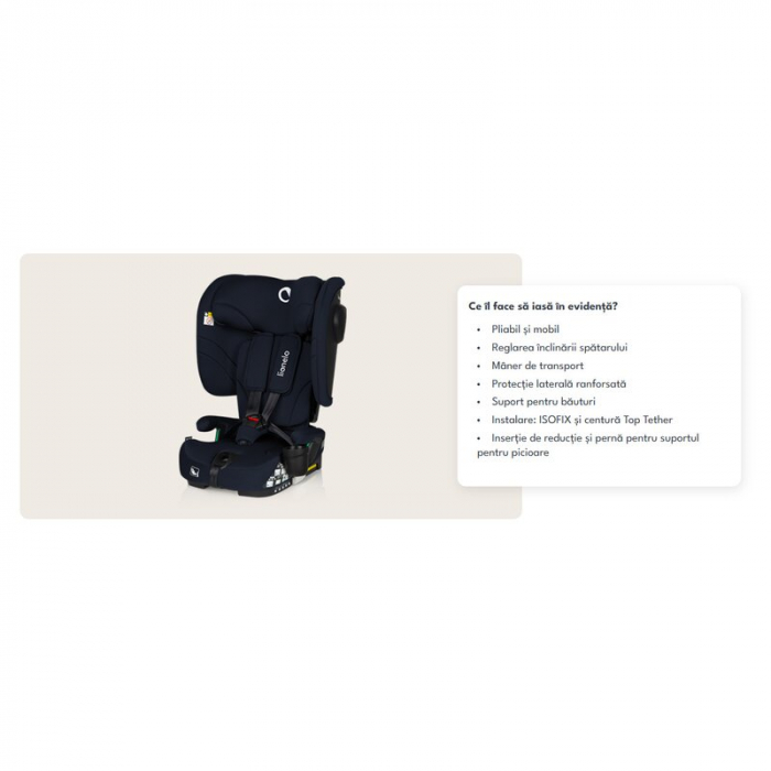 Scaun auto pliabil, Lionelo, Nelly, i-Size, 76- 150 cm, Tetiera reglabila in 15 pozitii, Spatar reglabil in 4 pozitii, Sisteme de fixare Isofix si Top Tether, Sezut lat si confortabil, Conform cu ECE  [42]