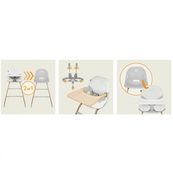 Scaun de masa, Lionelo, Dalia, 2 in 1, Transformabil, Cu 2 suporturi pentru picioare, Cu tavita detasabila, Sustine 60 kg, 6 luni+, Conform cu EN14988, Gri [32]