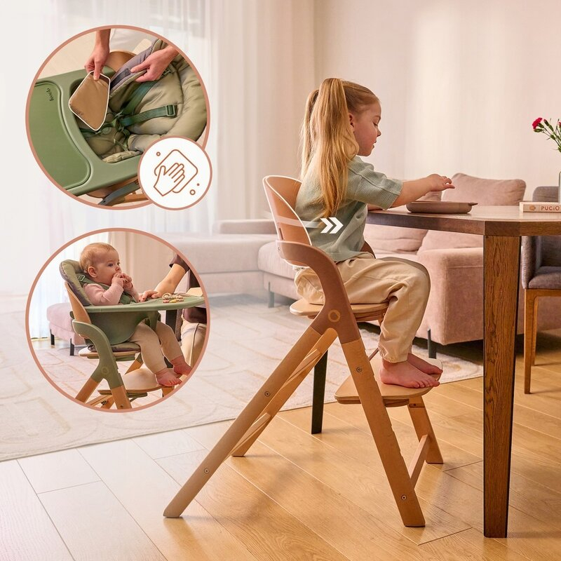 Scaun de masa multifunctional Megan, Lionelo, Din lemn de fag, 6 luni- adult, Reglabil pe inaltime, Husa impermeabila, Tavita silicon, Suport de picioare reglabil, Greutate maxima 110 Kg, Verde [24]