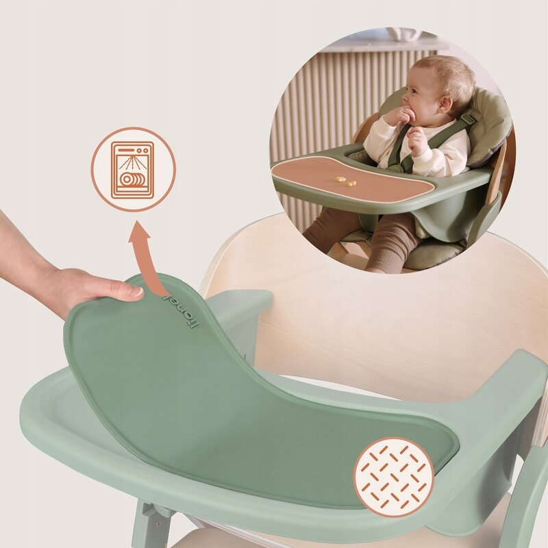 Scaun de masa multifunctional Megan, Lionelo, Din lemn de fag, 6 luni- adult, Reglabil pe inaltime, Husa impermeabila, Tavita silicon, Suport de picioare reglabil, Greutate maxima 110 Kg, Verde [23]