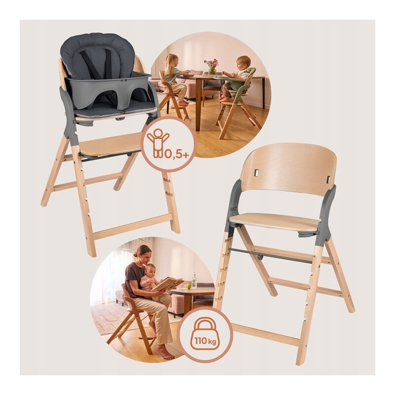 Scaun de masa multifunctional Megan, Lionelo, Din lemn de fag, 6 luni- adult, Reglabil pe inaltime, Husa impermeabila, Tavita silicon, Suport de picioare reglabil, Greutate maxima 110 Kg, Gri [20]