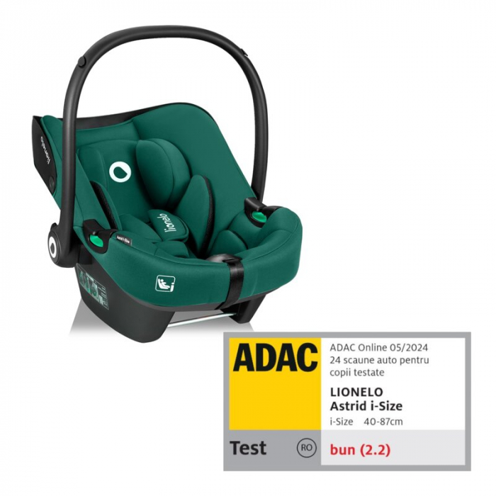 Scoica auto, Lionelo, i-Size Astrid, 0-13 Kg, 40-87 cm, Cu maner si capotina reglabile, Cu protectie laterala avansata, Salteluta confortabila, Testat ADAC, Conform cu standardul european de securitat [1]