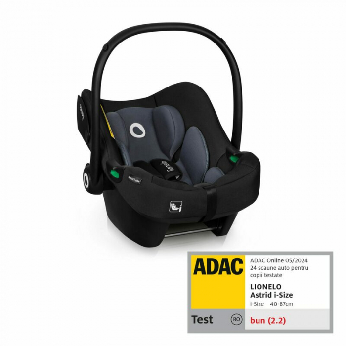 Scoica auto, Lionelo, i-Size Astrid, 0-13 Kg, 40-87 cm, Cu maner si capotina reglabile, Cu protectie laterala avansata, Salteluta confortabila, Testat ADAC, Conform cu standardul european de securitat [1]