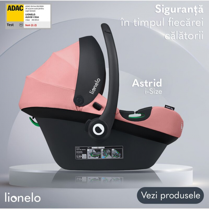 Scoica auto, Lionelo, i-Size Astrid, 0-13 Kg, 40-87 cm, Cu maner si capotina reglabile, Cu protectie laterala avansata, Salteluta confortabila, Testat ADAC, Conform cu standardul european de securitat [13]