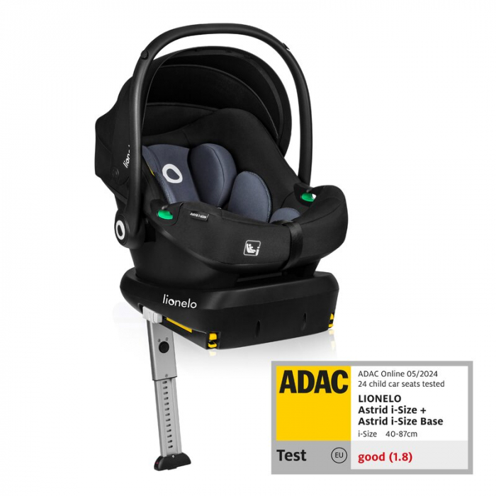 Scoica auto, Lionelo, i-Size Astrid, Include baza Isofix, 0-13 Kg, 40-87 cm, Cu maner si capotina reglabile, Cu protectie laterala avansata, Salteluta confortabila, Testat ADAC, Conform cu R129, Negru [1]