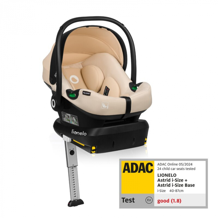 Scoica auto, Lionelo, i-Size Astrid, Include baza Isofix, 0-13 Kg, 40-87 cm, Cu maner si capotina reglabile, Cu protectie laterala avansata, Salteluta confortabila, Testat ADAC, Conform cu R129, Bej [1]
