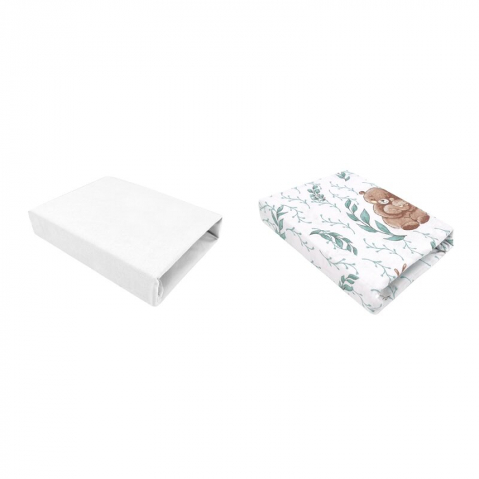 Set 2 cearceafuri cu elastic, MimiNu, Pentru patut leagan sau patut co-sleeper, 90x50 cm, Din bumbac, Material certificat Oeko Tex Standard 100, White and Lulu Natural [1]