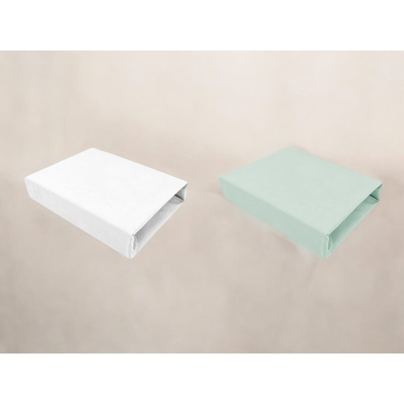 Set 2 cearceafuri cu elastic, Qmini, Pentru patut leagan sau patut co-sleeper, 90x50 cm, Din bumbac, Material certificat Oeko Tex Standard 100, White and Cold Mint [2]