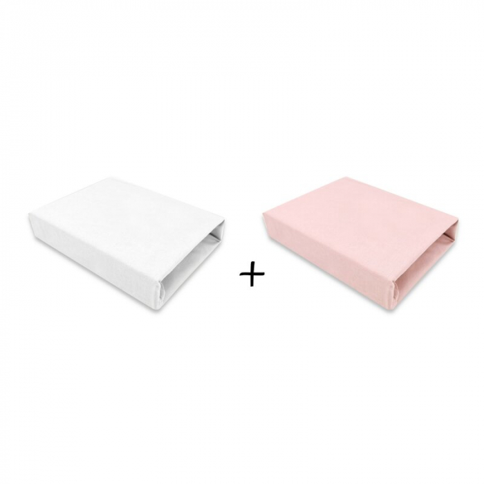 Set 2 cearceafuri cu elastic, Qmini, Pentru patut leagan sau patut co-sleeper, 90x50 cm, Din bumbac, Material certificat Oeko Tex Standard 100, White and Powdery Pink [3]