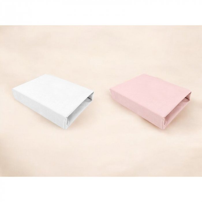 Set 2 cearceafuri cu elastic, Qmini, Pentru patut leagan sau patut co-sleeper, 90x50 cm, Din bumbac, Material certificat Oeko Tex Standard 100, White and Powdery Pink [2]