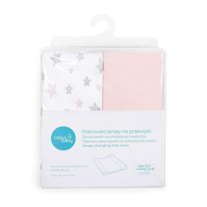 Set 2 huse, Ceba Baby, Pentru saltea de infasat, 50x70 cm, Certificat Oeko-Tex Standard 100, Bumbac, Pink/Pink Stars [1]