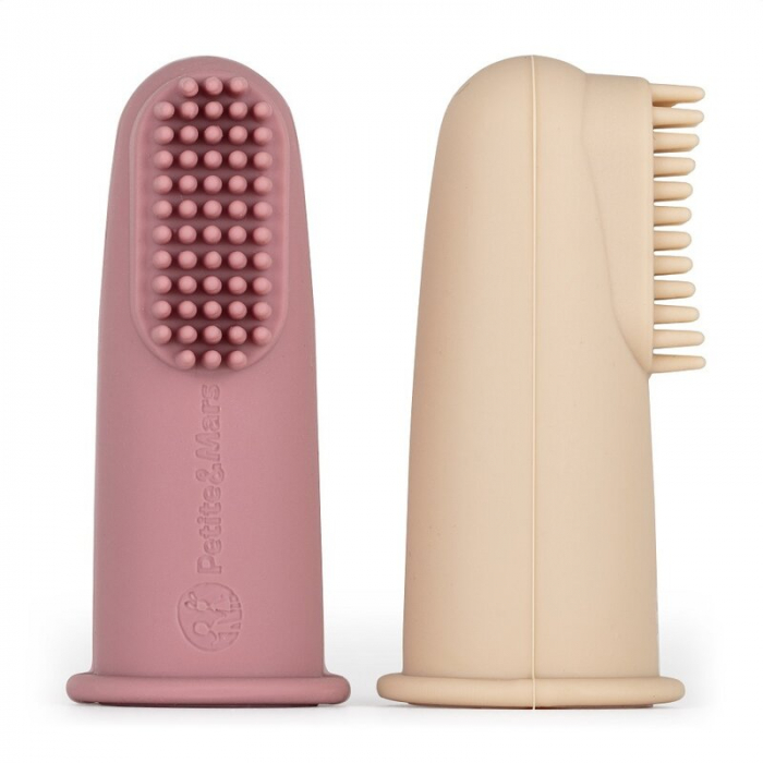 Set 2 periute de dinti pentru deget, Petite&Mars, Cu peri moi, Silicon, Include cutie depozitare, 0 luni+, Roz/Bej [1]