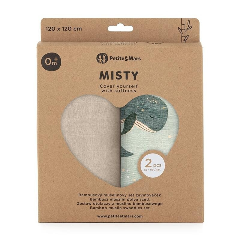 Set 2 scutece, Petite&Mars, Misty, Din muselina de bambus, Hipoalergenice, Dimensiuni mari, 120 x 120 cm, Certificate Oeko Tex Standard 100, Whale Song [2]