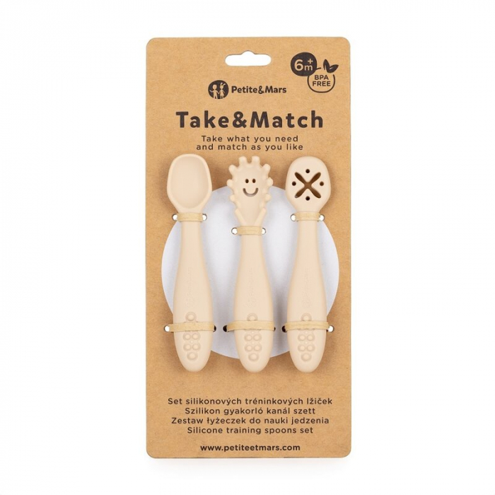 Set 3 lingurite, Petite&Mars, Diverse forme, Pentru supa, paste, alimente usoare, Dezvolta simturile si abilitatile senzoriale, Silicon, Fara BPA, 6 luni+, Bej [2]