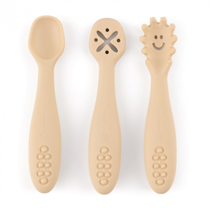 Set 3 lingurite, Petite&Mars, Diverse forme, Pentru supa, paste, alimente usoare, Dezvolta simturile si abilitatile senzoriale, Silicon, Fara BPA, 6 luni+, Bej [1]
