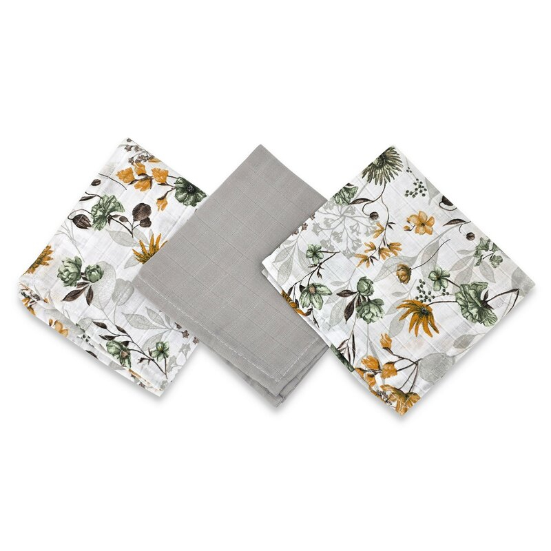 Set 3 museline, MimiNu, Multifunctionale, Din bumbac certificat Oeko Tex Standard 100, 30x30 cm, Botanica si Grey [1]