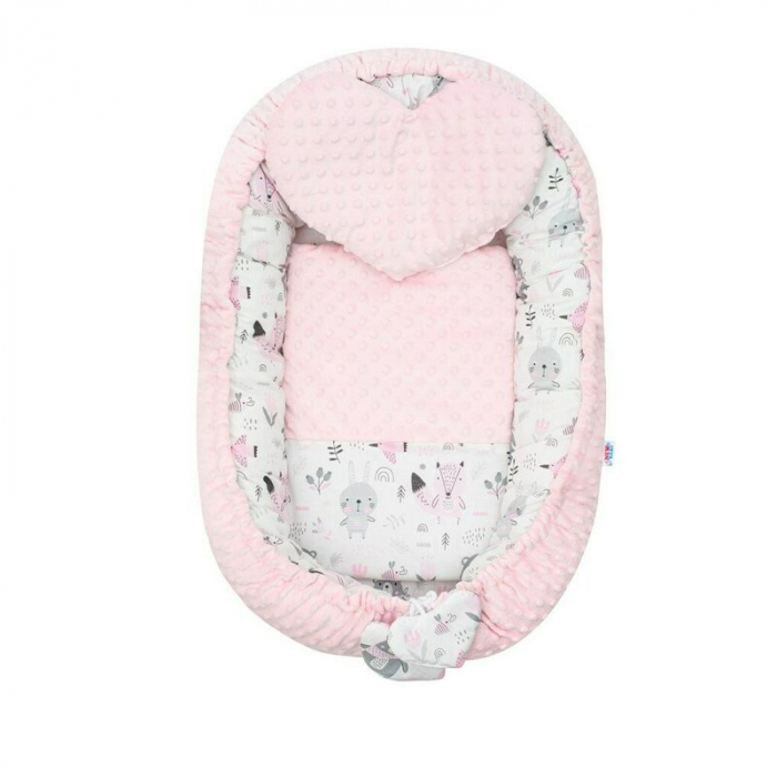 Set 3 piese, New Baby, Luxury, Baby Nest cu doua fete, Cu paturica si pernuta in forma de inima, Minky Bears Pink [1]