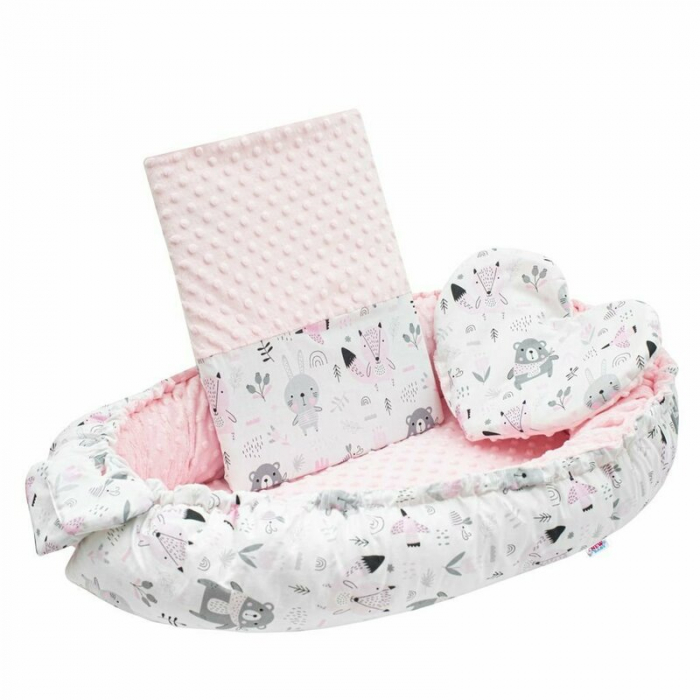 Set 3 piese, New Baby, Luxury, Baby Nest cu doua fete, Cu paturica si pernuta in forma de inima, Minky Bears Pink [4]