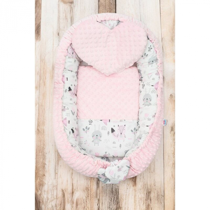 Set 3 piese, New Baby, Luxury, Baby Nest cu doua fete, Cu paturica si pernuta in forma de inima, Minky Bears Pink [2]