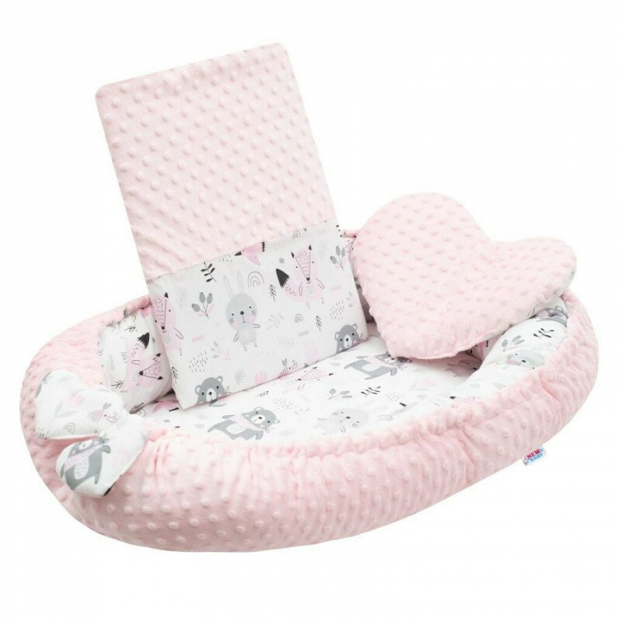 Set 3 piese, New Baby, Luxury, Baby Nest cu doua fete, Cu paturica si pernuta in forma de inima, Minky Bears Pink [3]