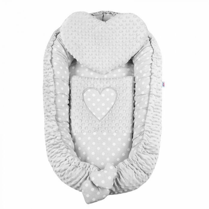Set 3 piese, New Baby, Luxury, Baby Nest cu doua fete, Cu paturica si pernuta in forma de inima, Minky Heart Grey [1]