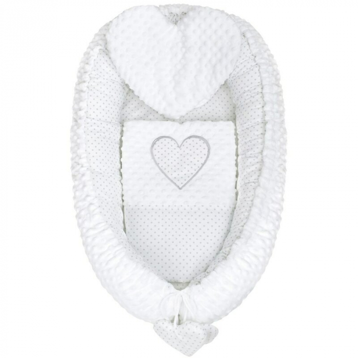 Set 3 piese, New Baby, Luxury, Baby Nest cu doua fete, Cu paturica si pernuta in forma de inima, Minky Heart White [1]