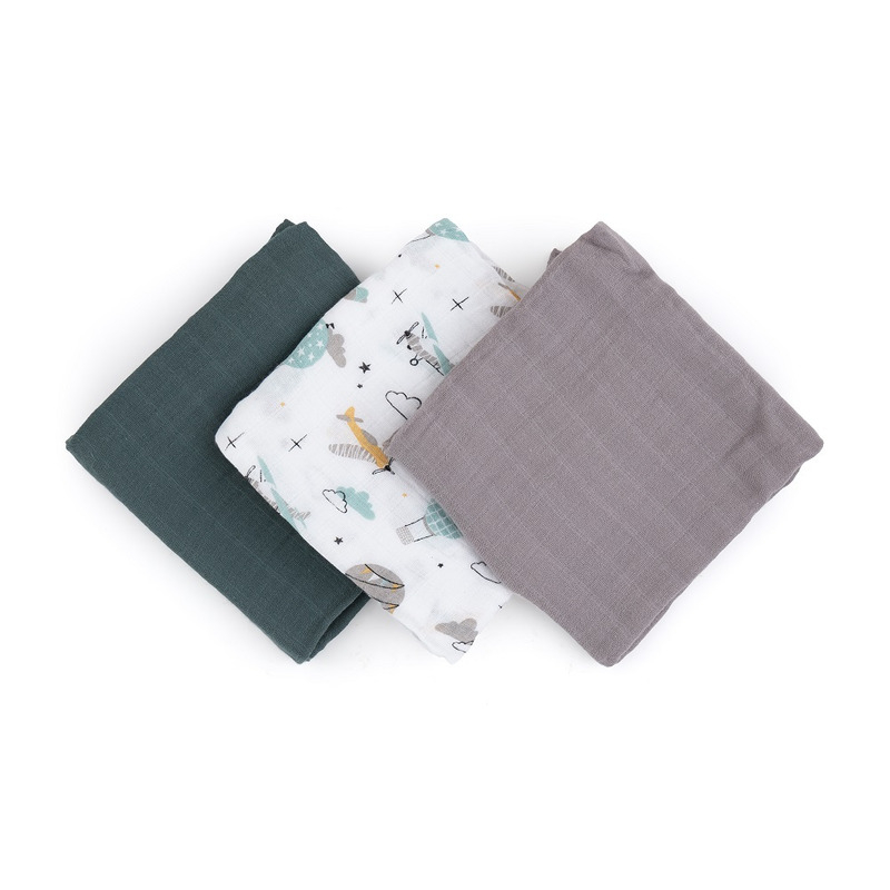 Set 3 scutece, Petite&Mars, Moussy Grey Planes, Din muselina de bambus, Hipoalergenice, 68 x 68 cm, Certificate Oeko Tex Standard 100, Multicolor [1]