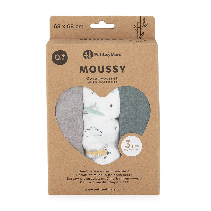 Set 3 scutece, Petite&Mars, Moussy Grey Planes, Din muselina de bambus, Hipoalergenice, 68 x 68 cm, Certificate Oeko Tex Standard 100, Multicolor [3]