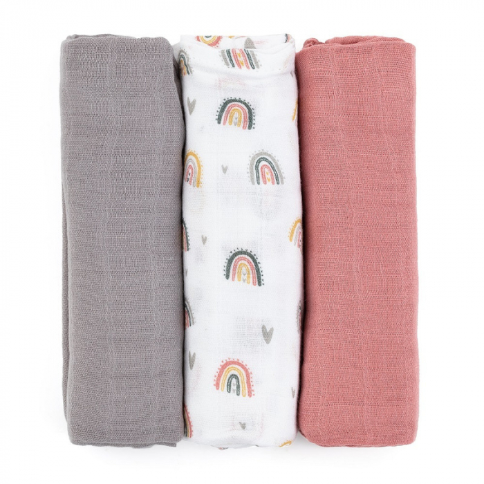 Set 3 scutece, Petite&Mars, Moussy Rose Rainbow, Din muselina de bambus, Hipoalergenice, 68 x 68 cm, Certificate Oeko Tex Standard 100, Multicolor [2]