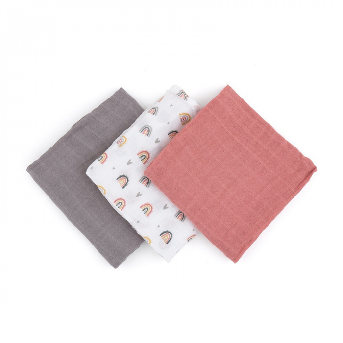 Set 3 scutece, Petite&Mars, Moussy Rose Rainbow, Din muselina de bambus, Hipoalergenice, 68 x 68 cm, Certificate Oeko Tex Standard 100, Multicolor [1]