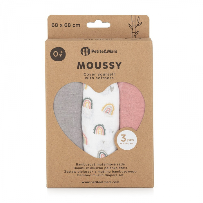 Set 3 scutece, Petite&Mars, Moussy Rose Rainbow, Din muselina de bambus, Hipoalergenice, 68 x 68 cm, Certificate Oeko Tex Standard 100, Multicolor [6]