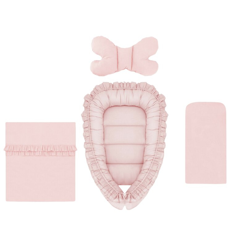 Set 4 in 1 Cosulet bebelus, MimiNu, Baby Cocoon 75x55 cm, Cu volanase, Husa bumbac, Din bumbac certificat Oeko Tex Standard 100, Cu paturica cu volanase 50x70 cm, Cu salteluta, Cu perna fluture, Colec [1]
