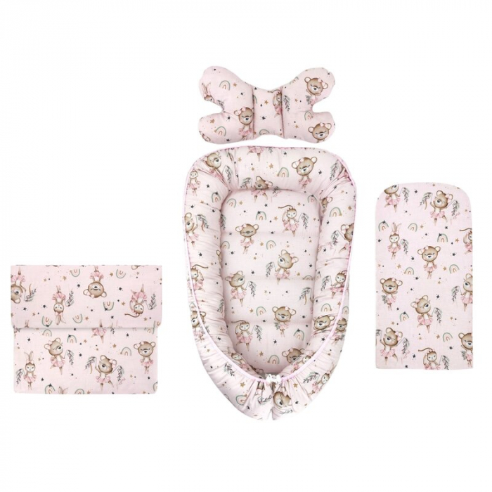 Set 4 in 1 Cosulet bebelus, MimiNu, Baby Cocoon 75x55 cm, Husa bumbac, Din bumbac certificat Oeko Tex Standard 100, Cu paturica 50x70 cm, Cu salteluta, Cu perna fluture, Design, Little Ballerina Pink [1]