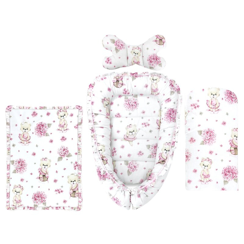 Set 4 in 1 Cosulet bebelus, MimiNu, Baby Cocoon 75x55 cm, Husa bumbac, Din bumbac certificat Oeko Tex Standard 100, Cu paturica 50x70 cm, Cu salteluta, Cu perna fluture, Design, Pink Ballerina [1]
