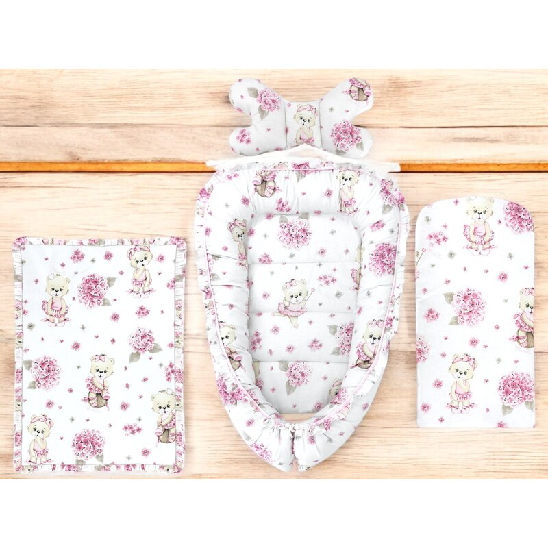 Set 4 in 1 Cosulet bebelus, MimiNu, Baby Cocoon 75x55 cm, Husa bumbac, Din bumbac certificat Oeko Tex Standard 100, Cu paturica 50x70 cm, Cu salteluta, Cu perna fluture, Design, Pink Ballerina [2]