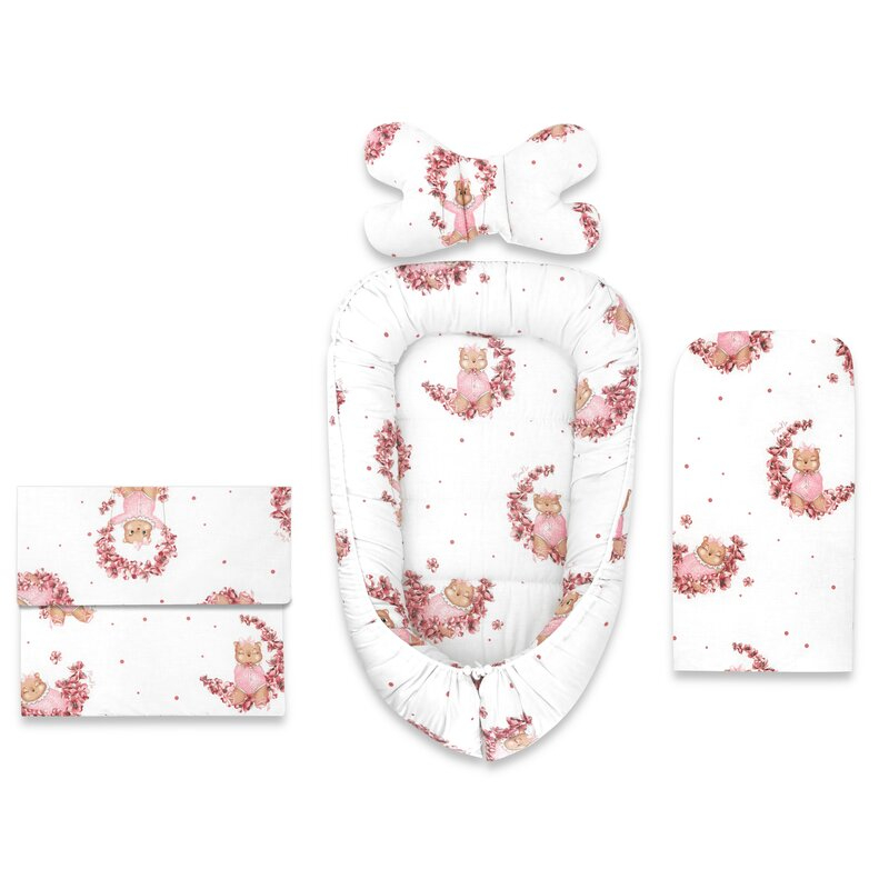 Set 4 in 1 Cosulet bebelus, MimiNu, Baby Cocoon 75x55 cm, Husa bumbac, Din bumbac certificat Oeko Tex Standard 100, Cu paturica 50x70 cm, Cu salteluta, Cu perna fluture, Design, Betty [1]