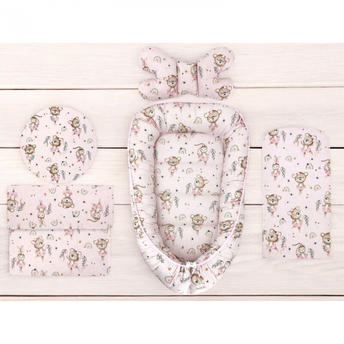 Set 4 in 1 Cosulet bebelus, MimiNu, Baby Cocoon 75x55 cm, Husa bumbac, Din bumbac certificat Oeko Tex Standard 100, Cu paturica 50x70 cm, Cu salteluta, Cu perna fluture, Design, Little Ballerina Pink [2]