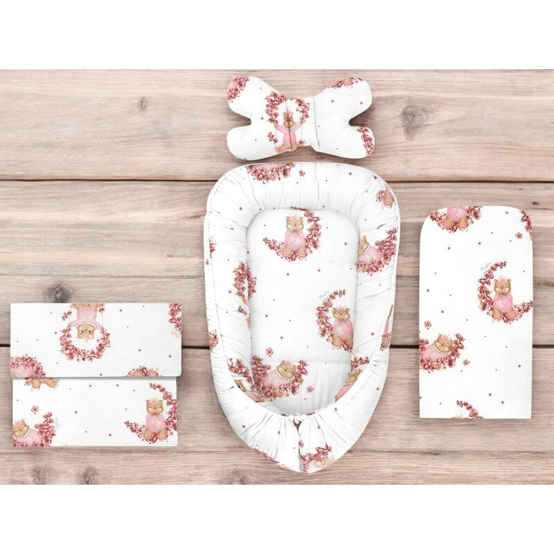 Set 4 in 1 Cosulet bebelus, MimiNu, Baby Cocoon 75x55 cm, Husa bumbac, Din bumbac certificat Oeko Tex Standard 100, Cu paturica 50x70 cm, Cu salteluta, Cu perna fluture, Design, Betty [3]