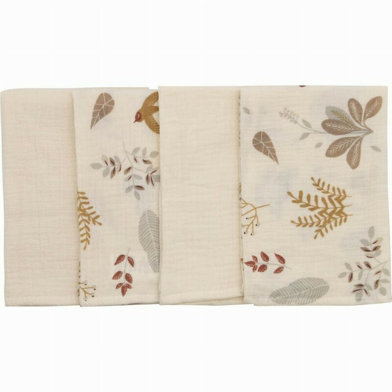 Set 4 lavete, Bubaba, Din muselina, Dimensiune 40x40 cm, Pentru spalarea si ingrijirea fetei si a corpului bebelusului dupa masa sau baita, Beige Leafs [1]