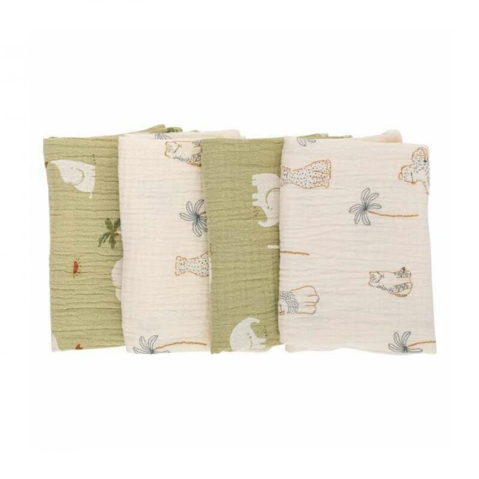 Set 4 lavete, Bubaba, Din muselina, Dimensiune 40x40 cm, Pentru spalarea si ingrijirea fetei si a corpului bebelusului dupa masa sau baita, Green/Beige [1]