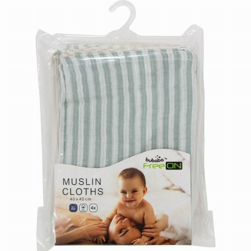 Set 4 lavete, Bubaba, Din muselina, Dimensiune 40x40 cm, Pentru spalarea si ingrijirea fetei si a corpului bebelusului dupa masa sau baita, Green Stripes [2]