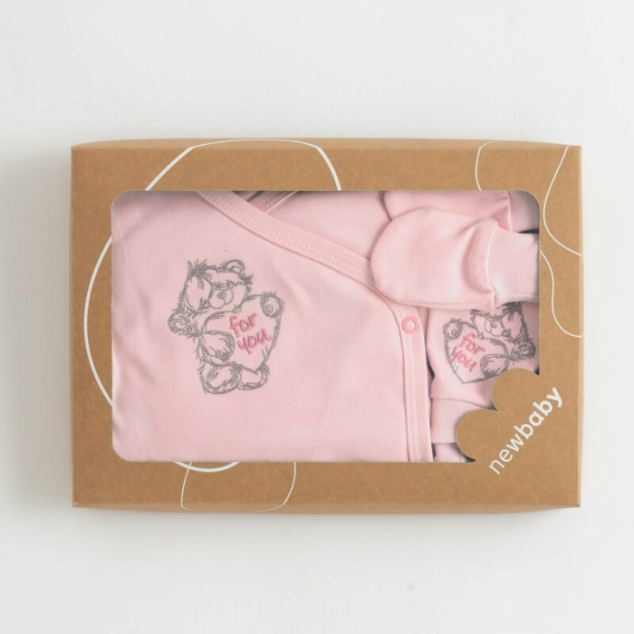 Set 5 piese, New Baby, Include Salopeta fara maneci, jacheta, body cu maneca lunga, caciulita, manusi, Marime 56, Din bumbac 100%, Classic Pink [2]